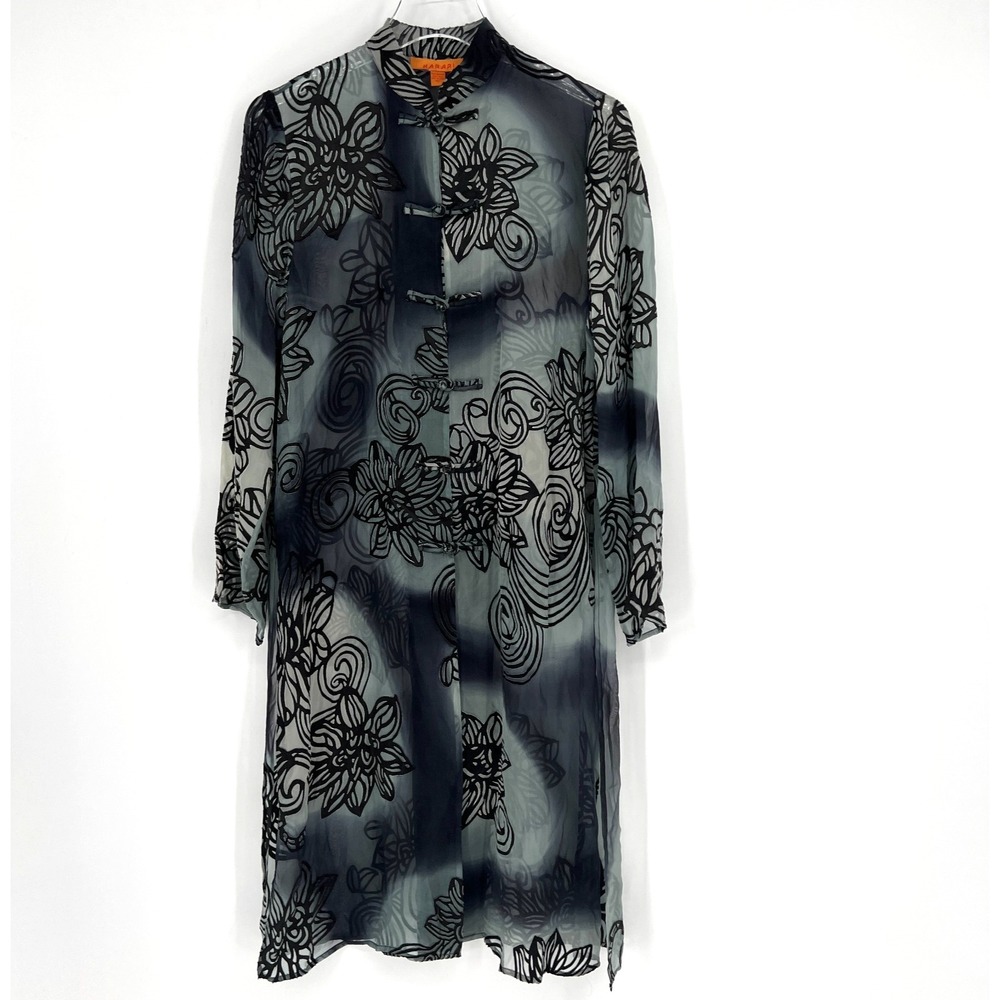 Harari Tunic Top Womens S Floral Blue Black Boho‎ Silk Asian Sheer Whimsigoth